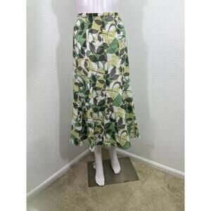 Sz 14 JM Collection 100% Linen Floral Green Black Leaves Midi Flared Skirt